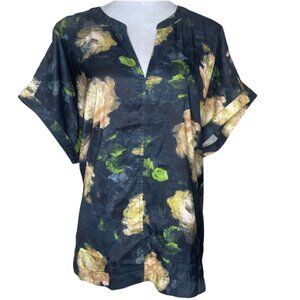 Tahari Woman Black Floral Cap Sleeve Slit Neck Top Blouse Bloomcore NWT 2X